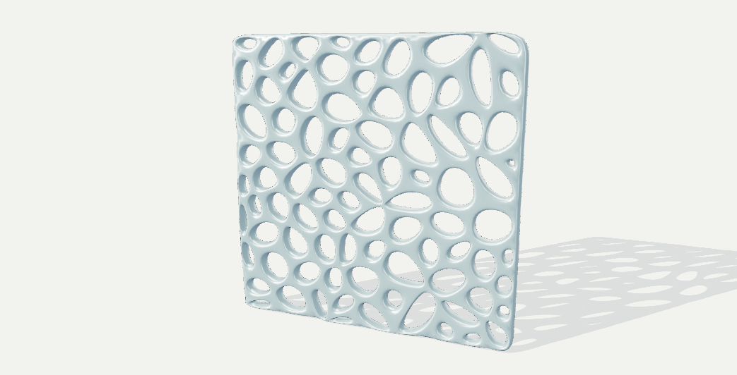 Pale blue-green cellular facade with rounded Voronoi openings