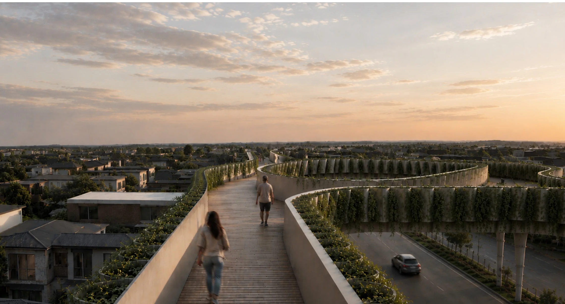 Elevated pedestrian route and landscape in the Regenerative Doonside proposal