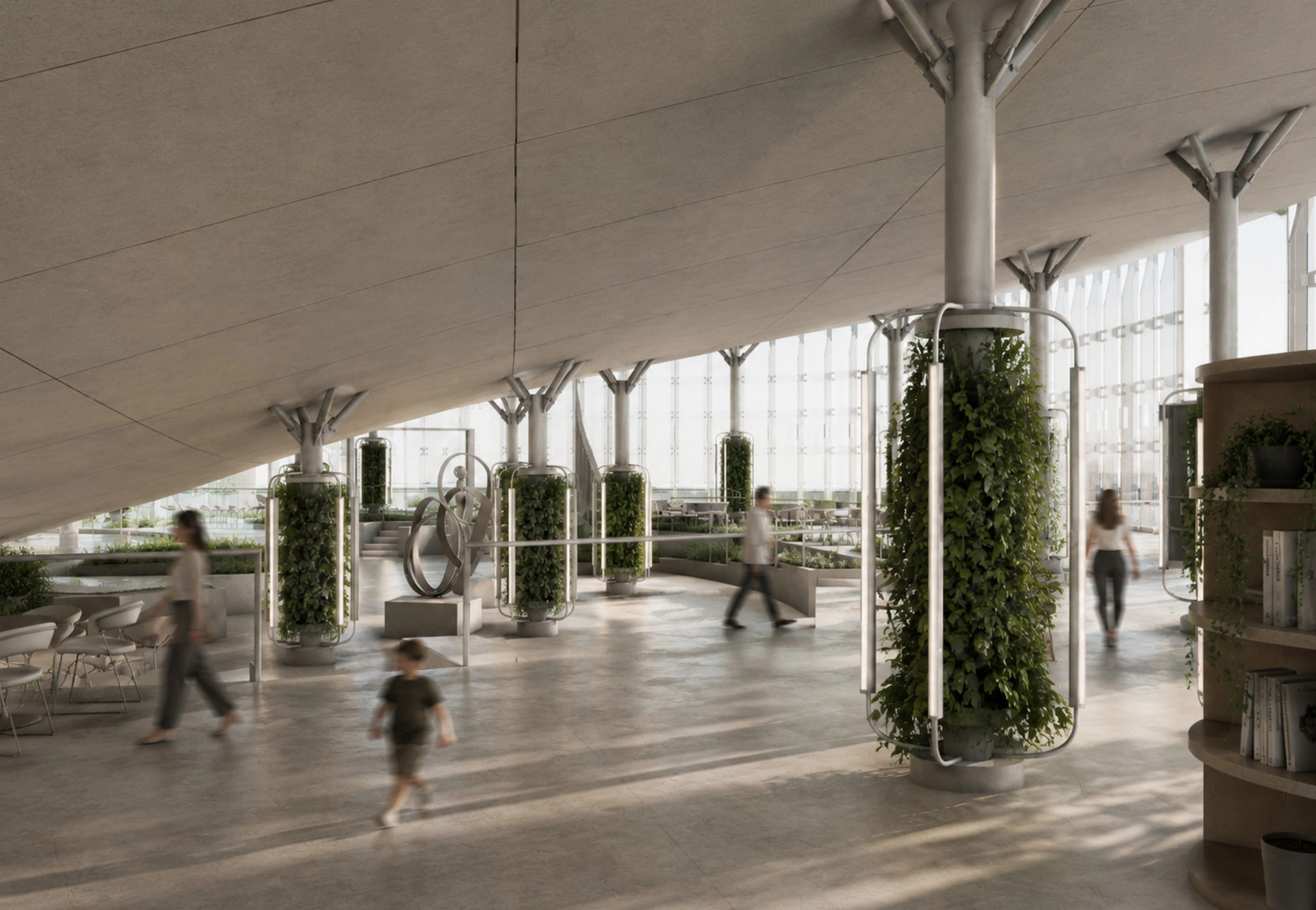 The Creative Learning Pavilion with branching columns and planted public space